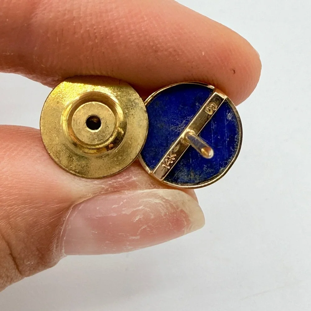 Vintage 14K Solid Yellow Gold Lapis Lazuli Tie Tack Lapel Pin Round Blue Estate